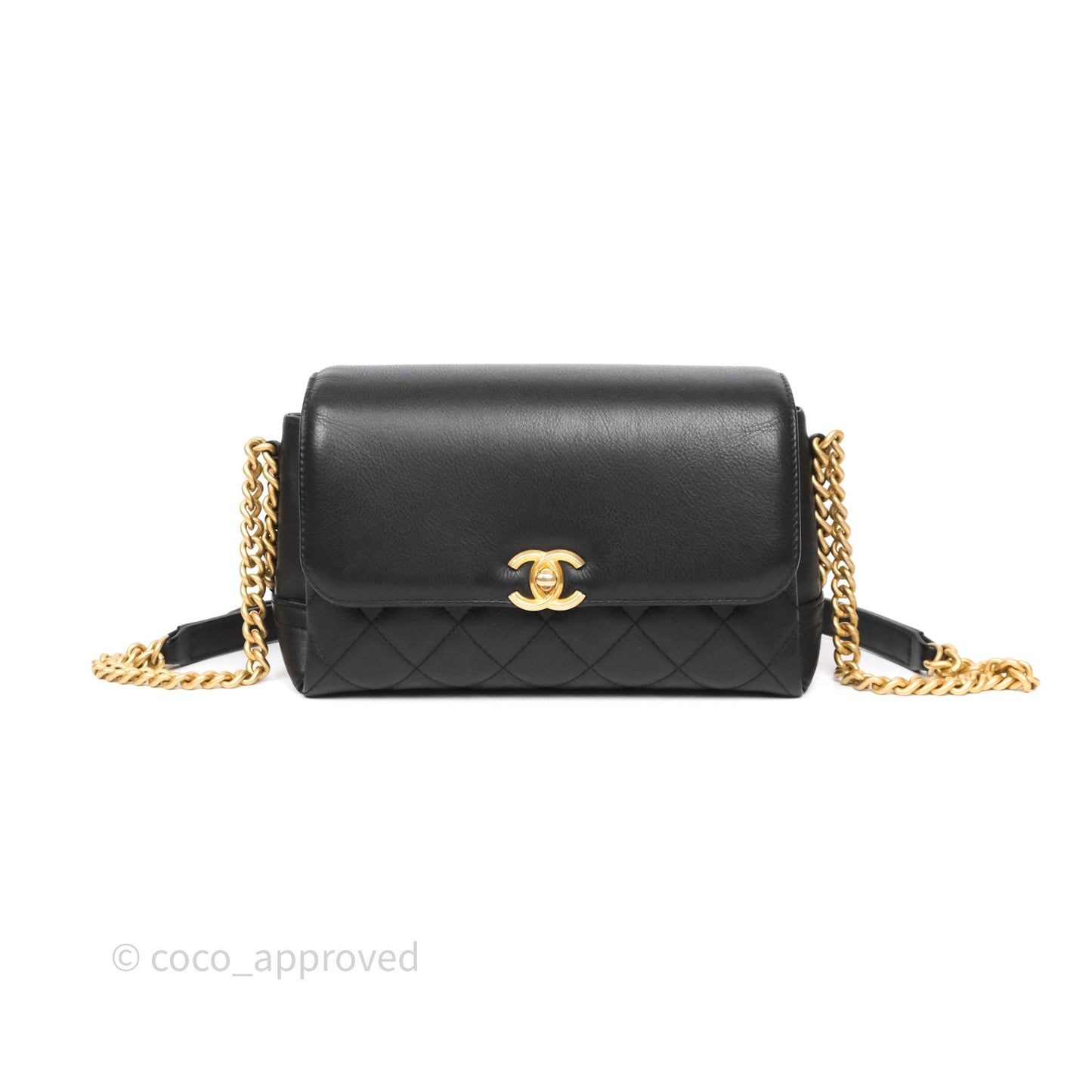 Chanel Side Chain Compartment Flap Black Calfskin Aged Gold Hardware