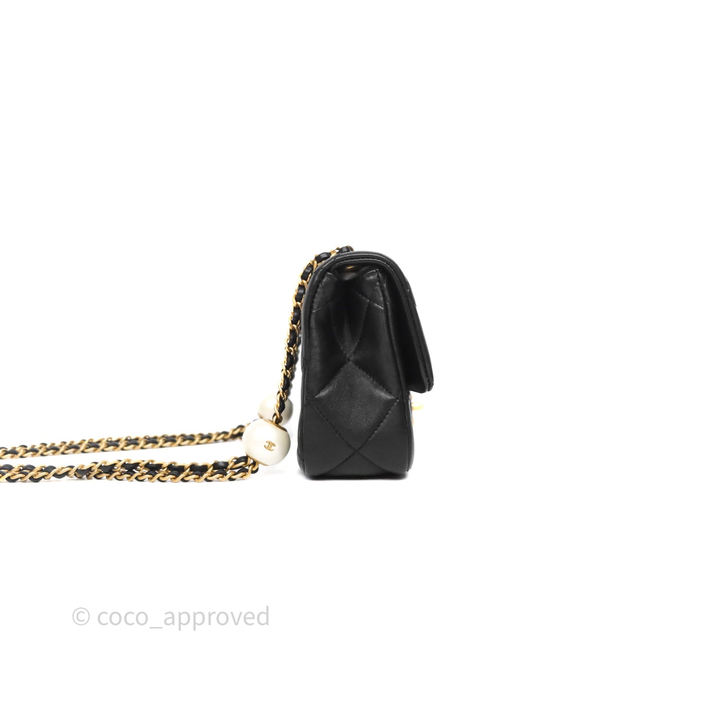 Chanel Quilted Flap Bag with Pearl Chain Black Calfskin Aged Gold Hardware