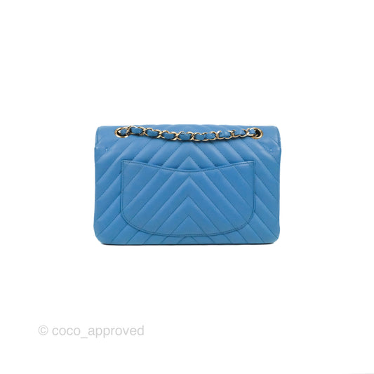 Chanel Small Classic Flap Chevron Blue Caviar Gold Hardware
