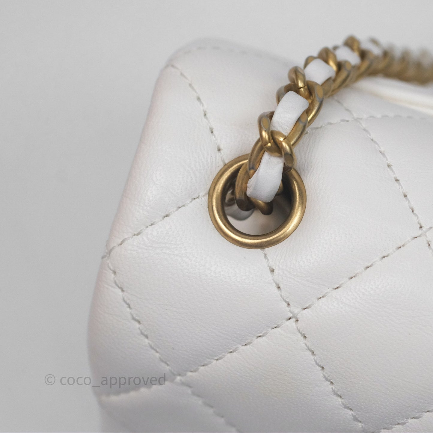 Chanel Mini Rectangular Pearl Crush Quilted White Lambskin Aged Gold Hardware
