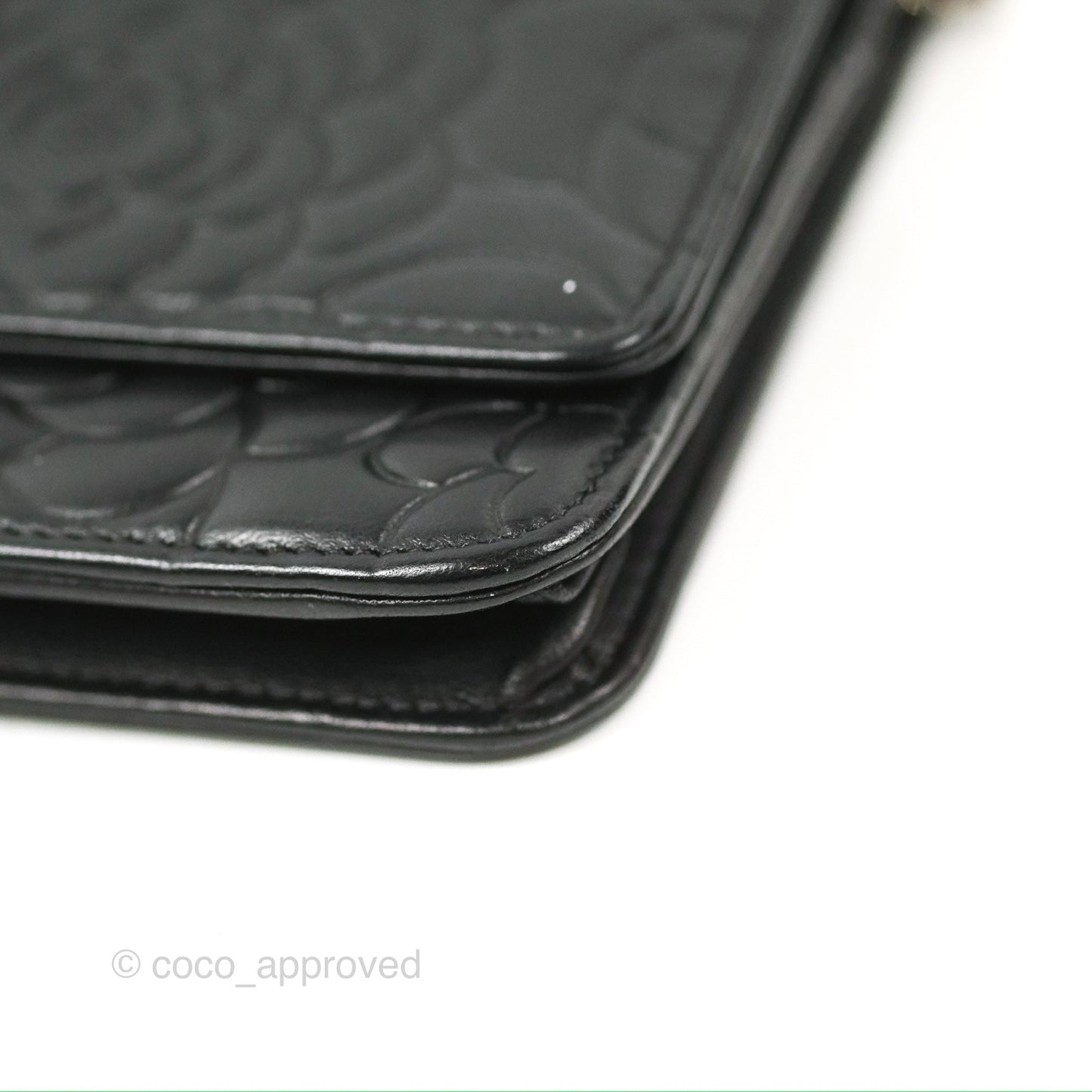 Chanel Camellia Embossed Wallet on Chain WOC Black Lambskin Silver Hardware