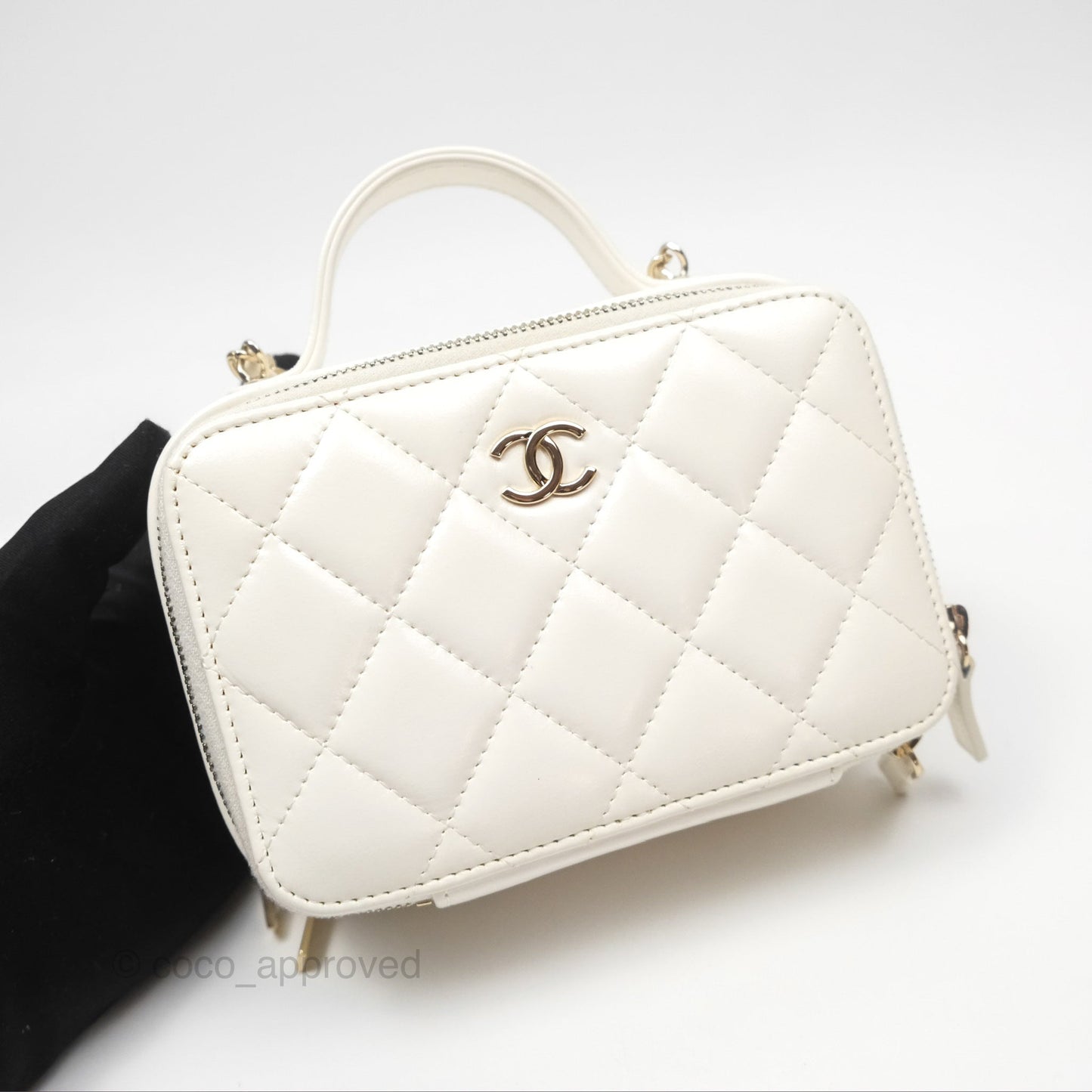 Chanel Top Handle Quilted Vanity Case White Shiny Lambskin Good Hardware