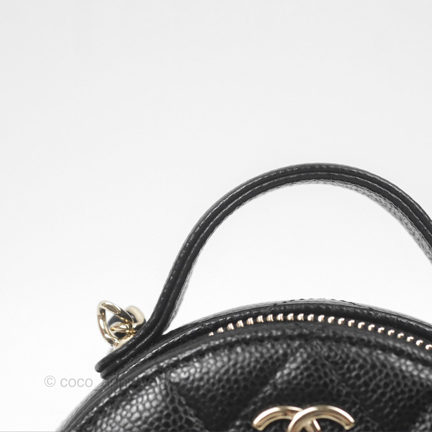 Chanel Mini Round Vanity Bag Handle With Care Black Caviar Gold Hardware