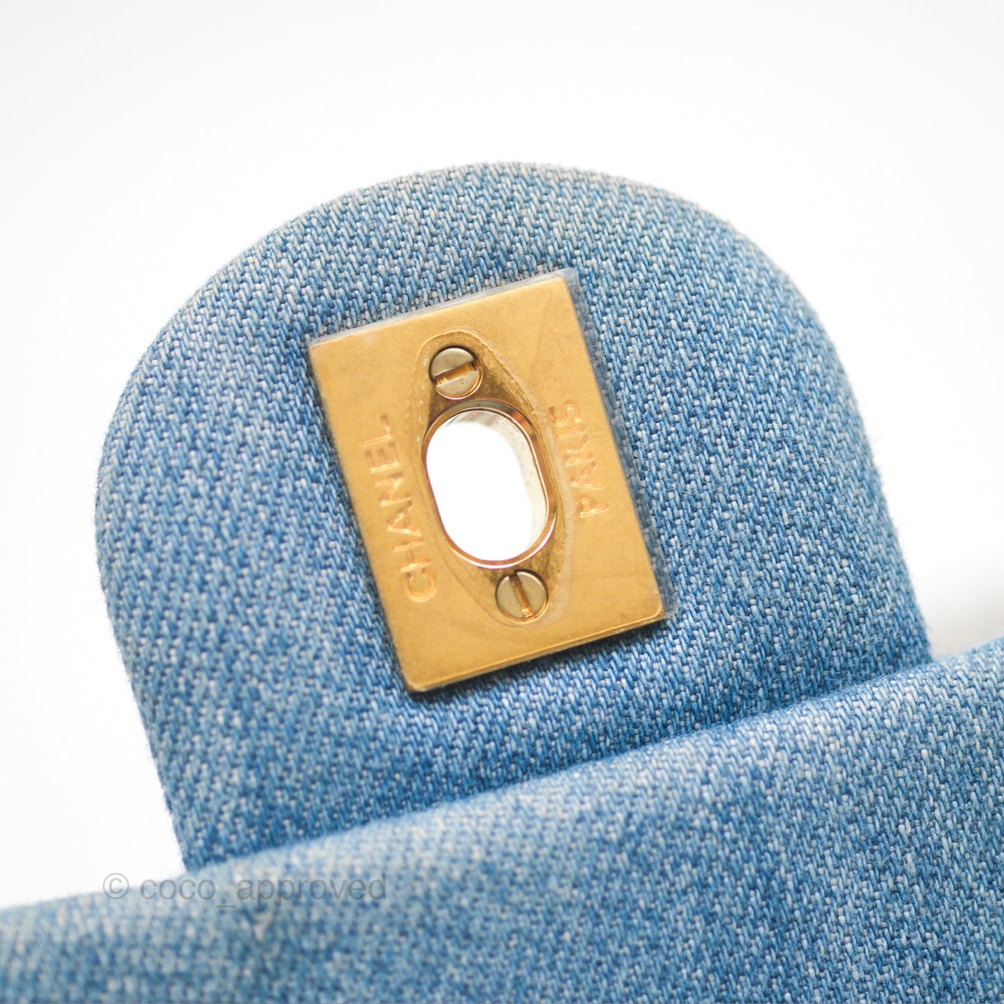 Chanel Mini Square Pearl Crush Quilted Denim Aged Gold Hardware