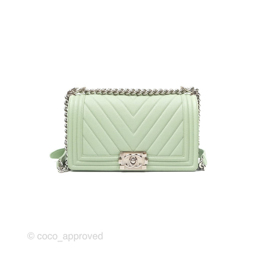 Chanel Medium Chevron Boy Mint Green Calfskin Silver Hardware