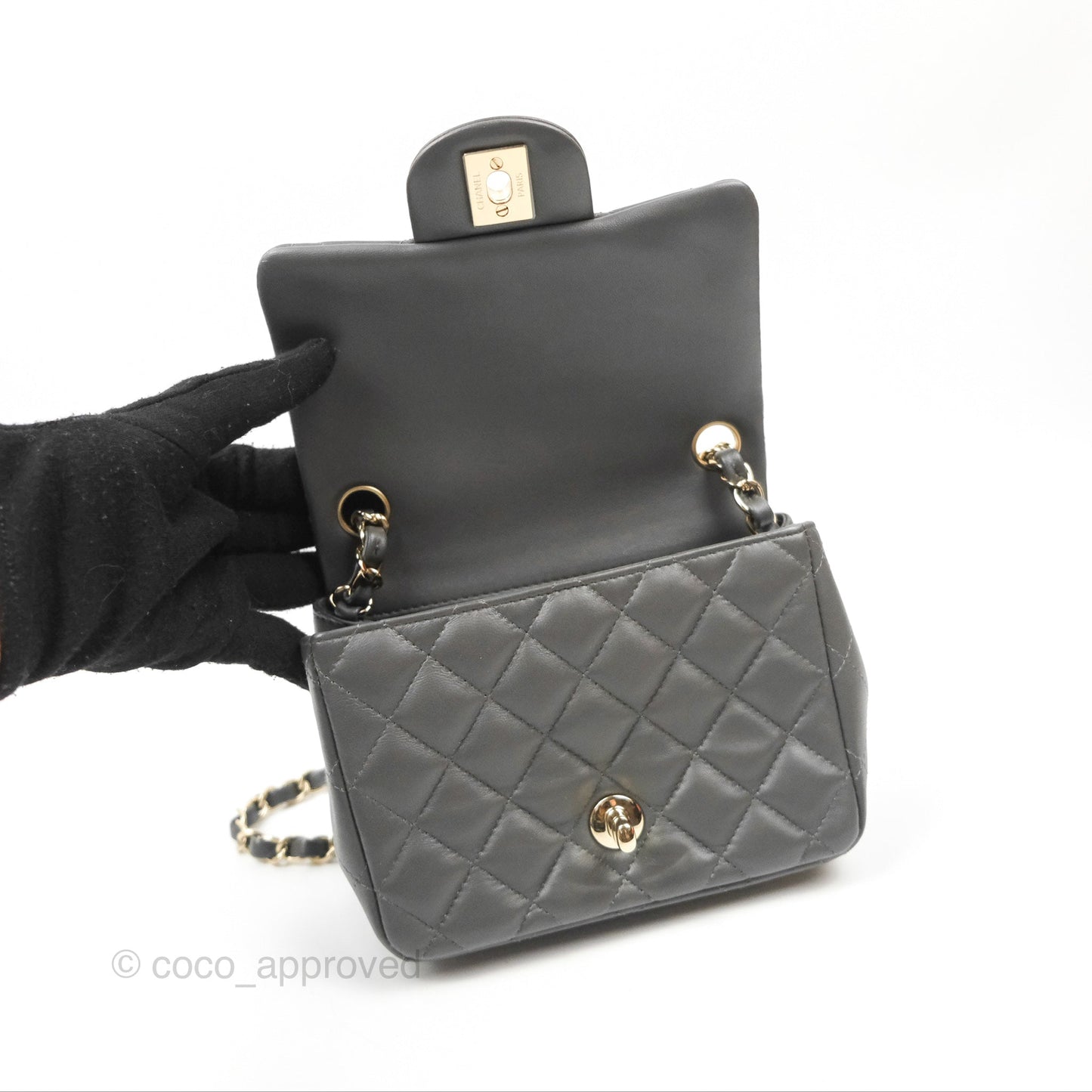 Chanel Quilted Mini Square Flap Grey Lambskin Gold Hardware
