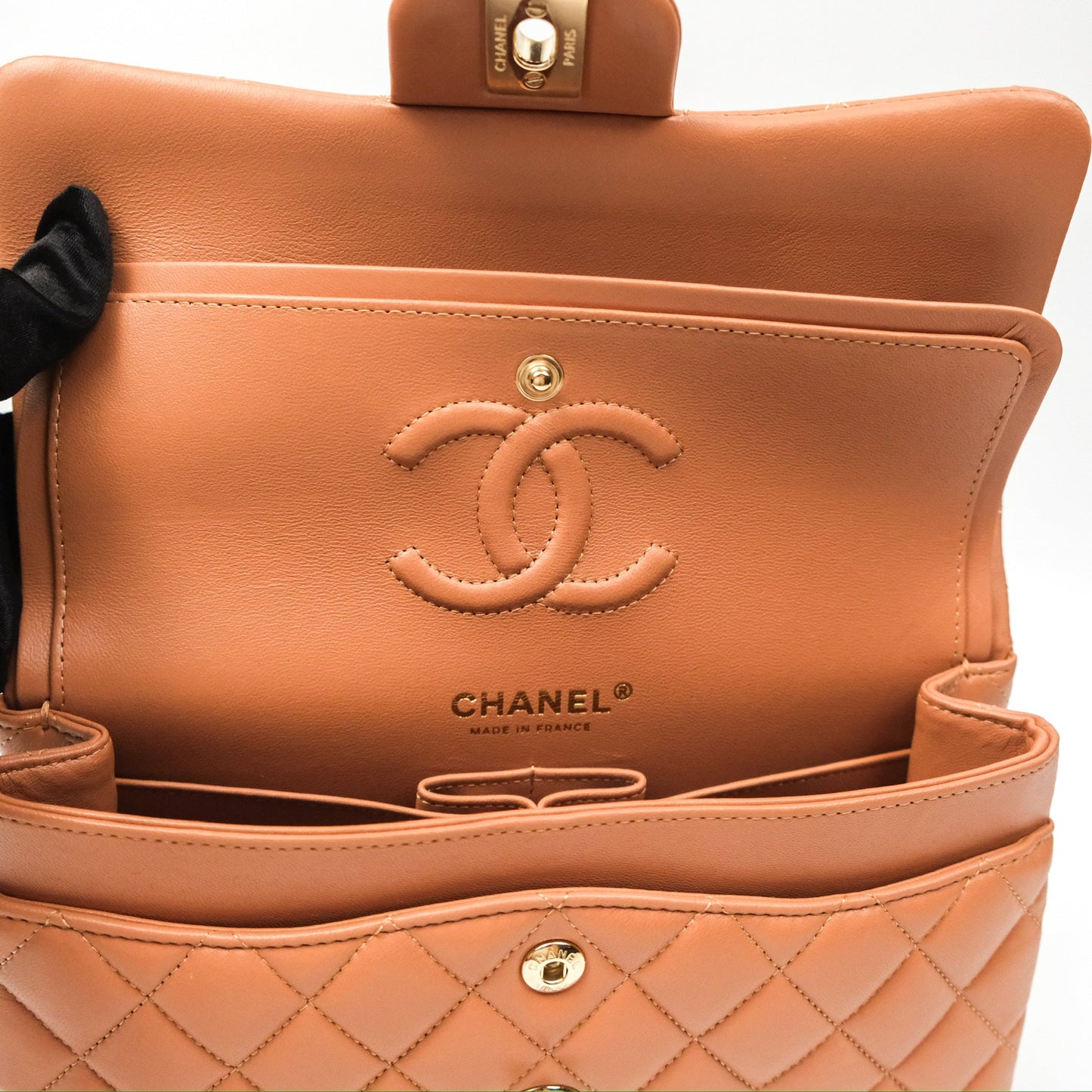Chanel Small Quilted Classic Flap Dark Caramel Beige Lambskin Gold Hardware