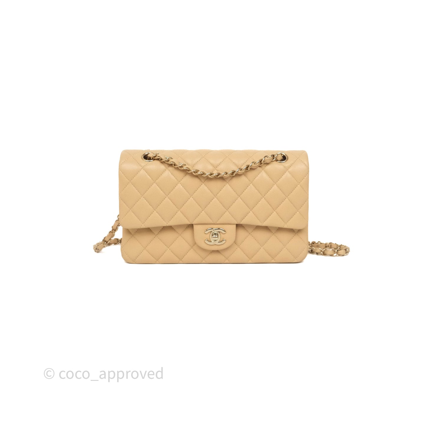 Chanel Classic M/L Medium Flap Quilted Beige Caviar Gold Hardware