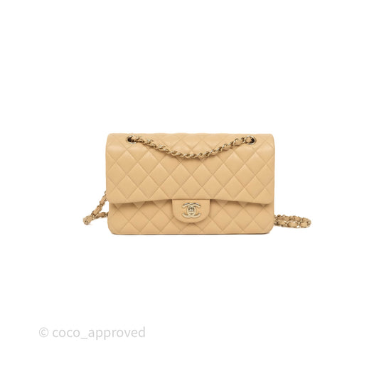 Chanel Classic M/L Medium Flap Quilted Beige Caviar Gold Hardware