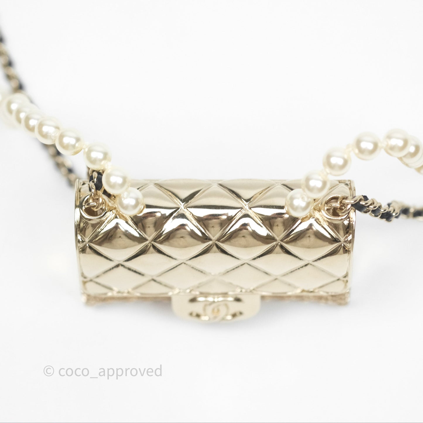 Chanel Flap Bag Charm Pearl Chain Black Leather Long Necklace Gold Tone 21S