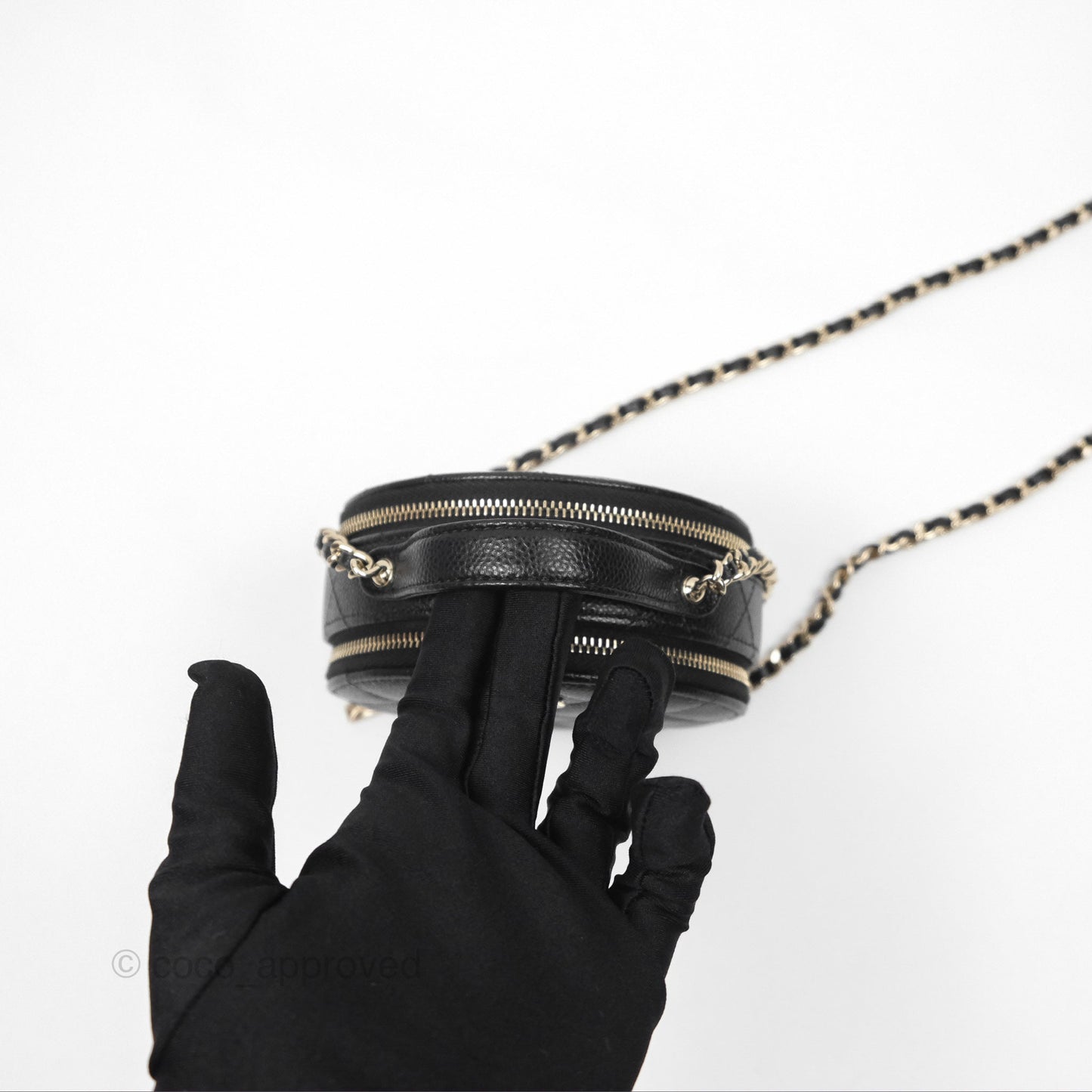 Chanel Mini Round Vanity Bag Handle With Care Black Caviar Gold Hardware