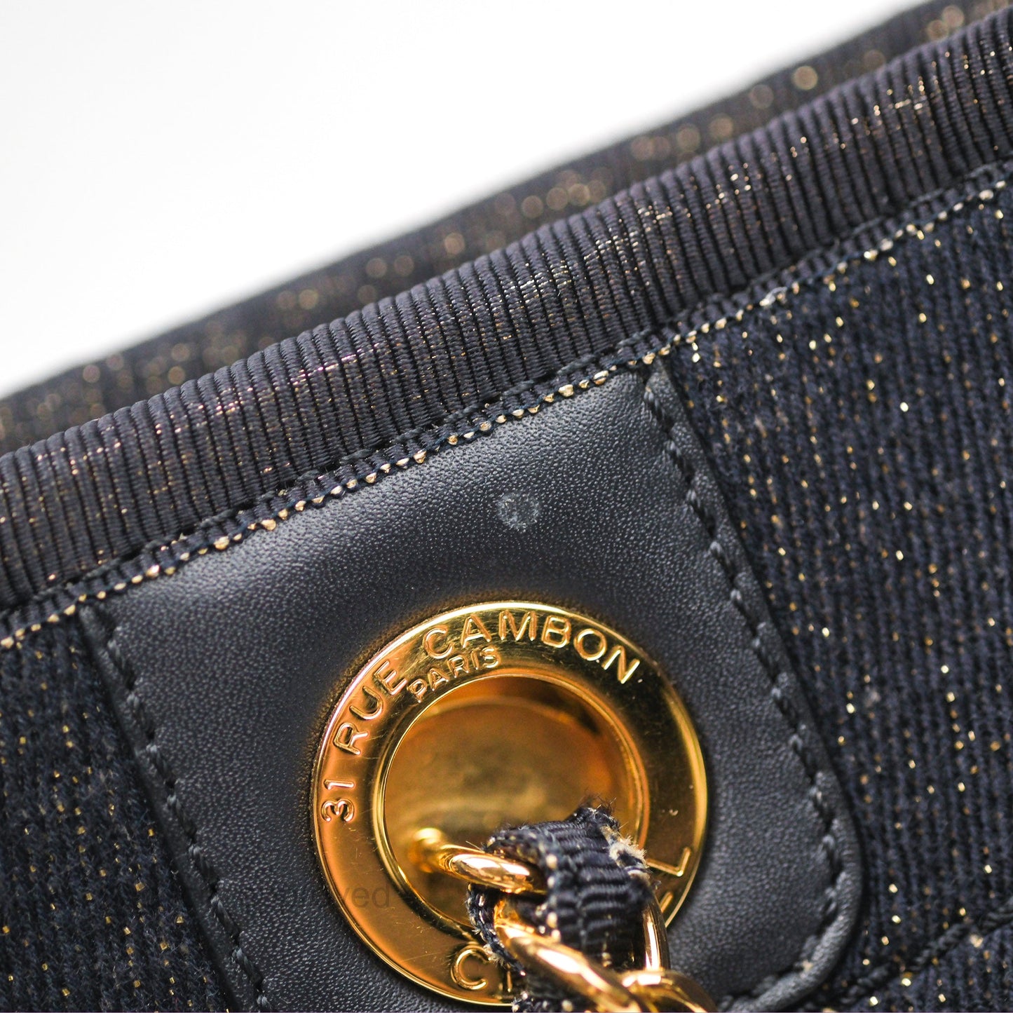 Chanel Medium Deauville Tote Navy Glitter Canvas Gold Hardware