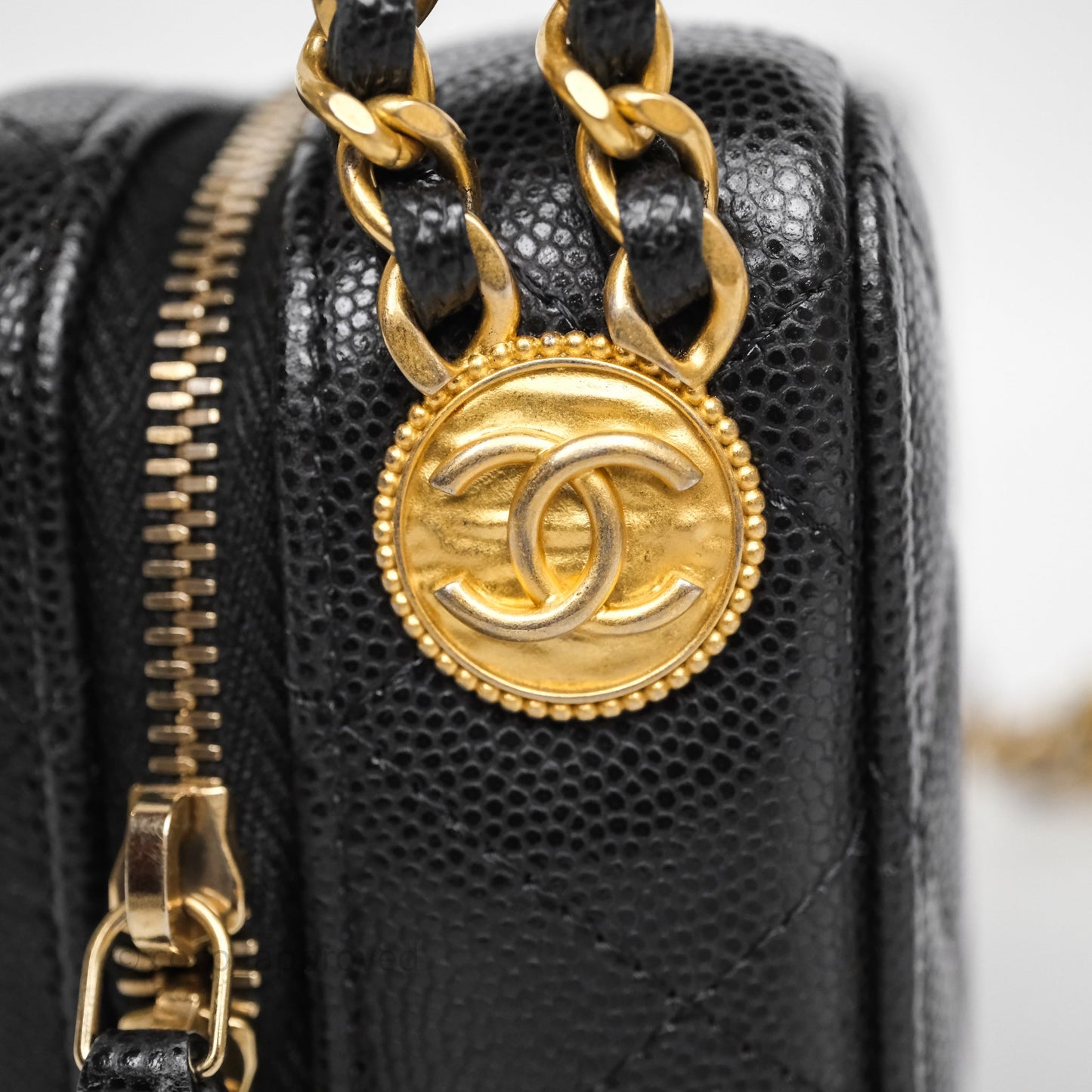 Chanel Quilted CC Coins Purse Chain Camera Case Black Caviar Aged Gold Hardware