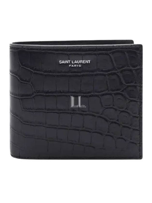 Luxury Saint Laurent Crocodile Pattern Half Wallet Black