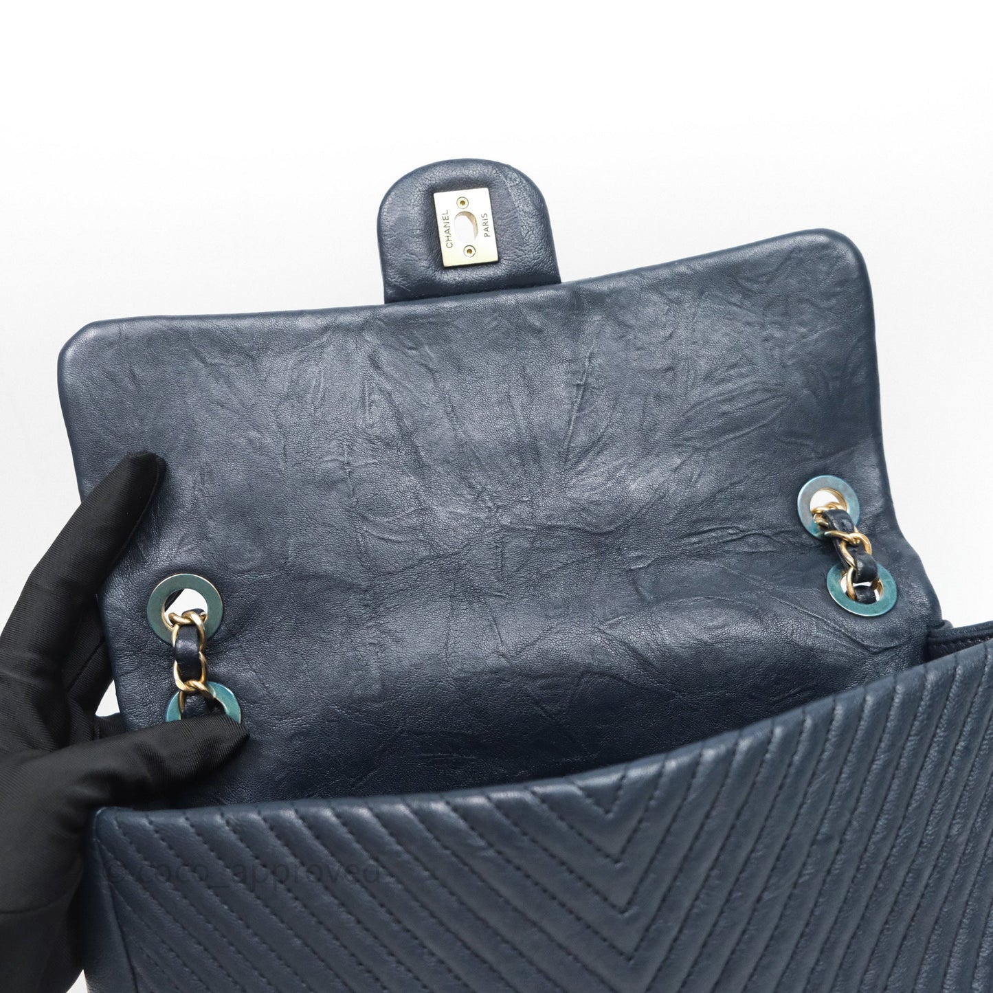 Chanel Medium Chevron Surpique Flap Navy Calfskin Aged Gold Hardware