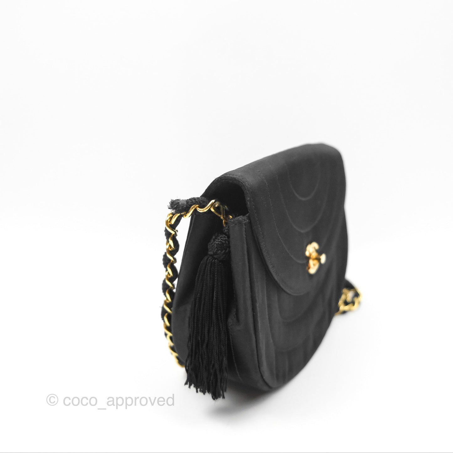 Chanel Vintage Half Moon Tassel Flap Black Satin 24K Gold Hardware
