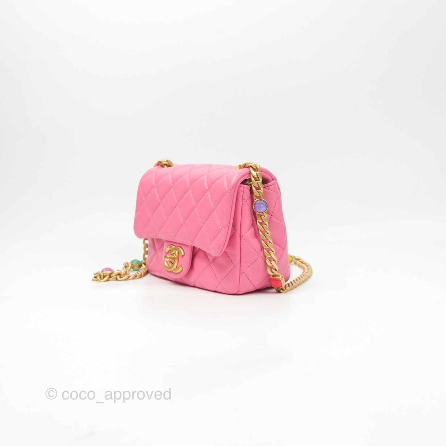 Chanel Mini Pearl Samba Square Flap Pink Lambskin Aged Gold Hardware 21P