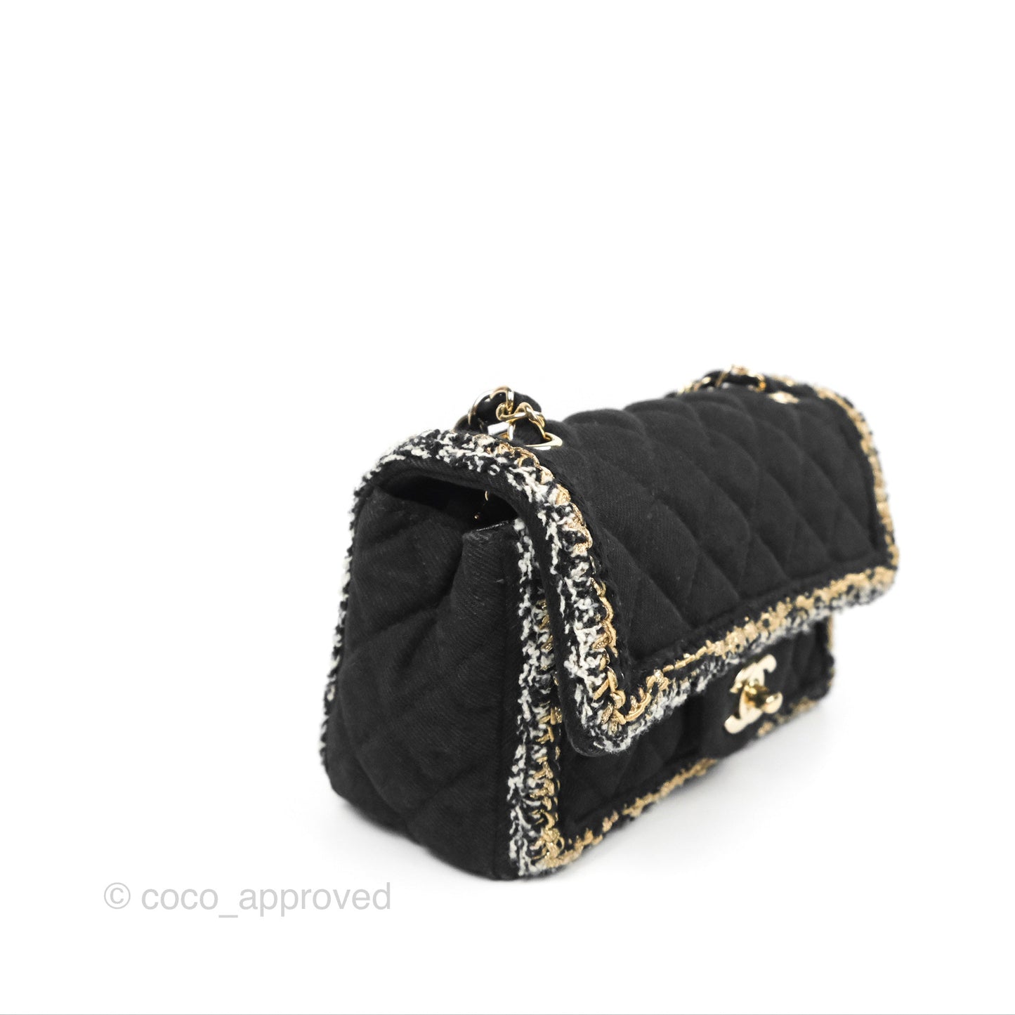 Chanel Mini Rectangular Flap Bag Black Denim Braided Gold Hardware 18A