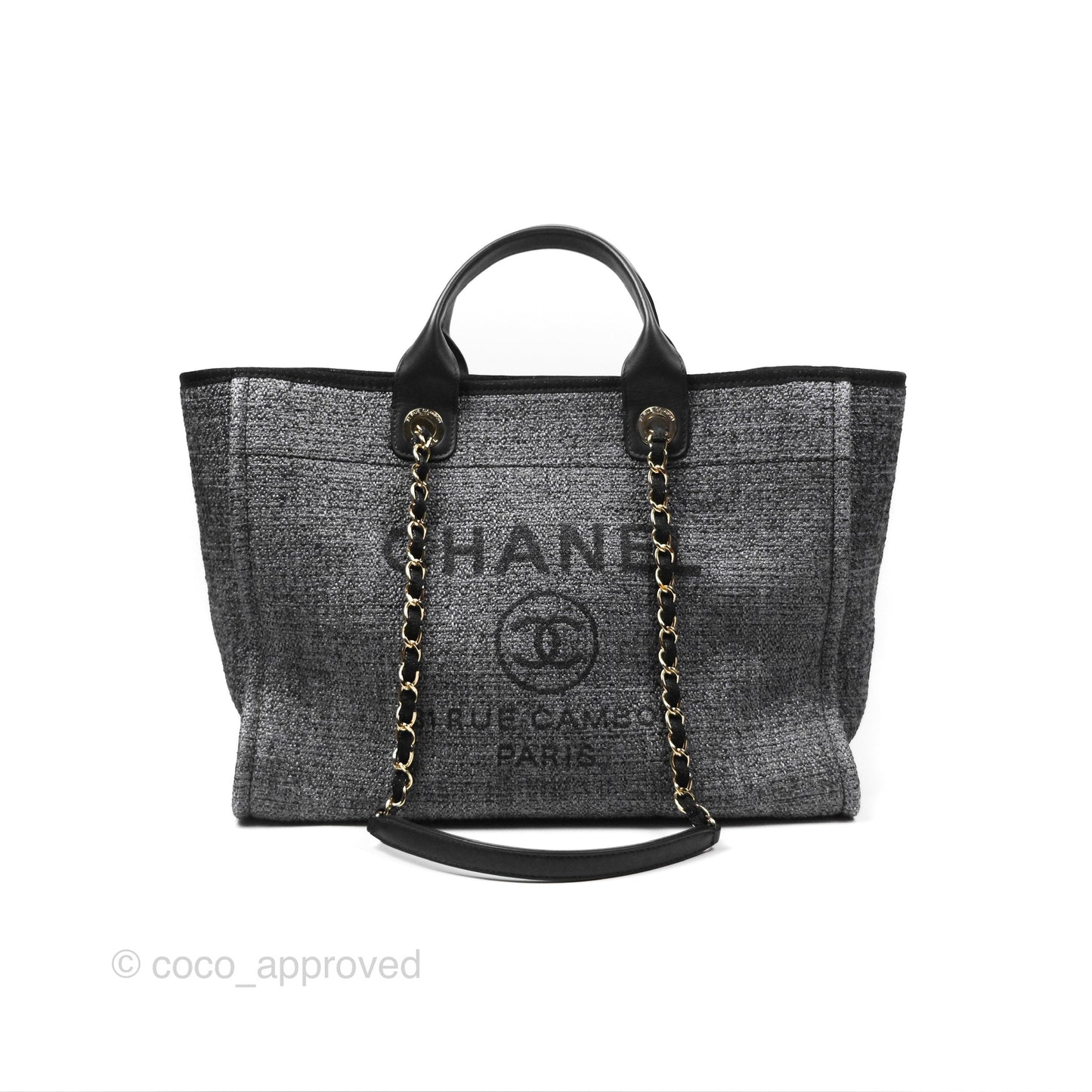 Chanel Large Deauville Glitter Black Grey Raffia Gold Hardware