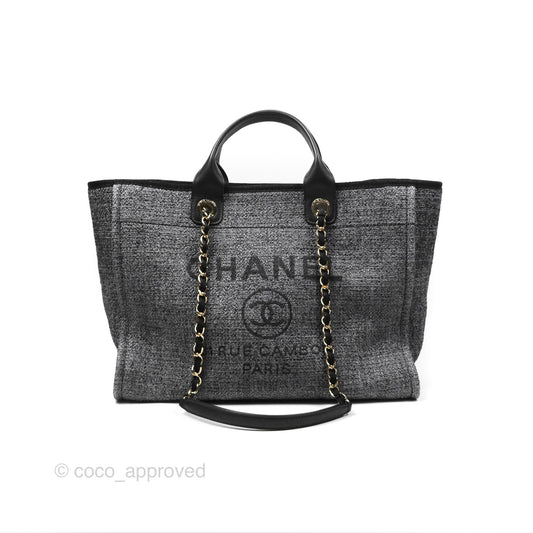 Chanel Large Deauville Glitter Black Grey Raffia Gold Hardware