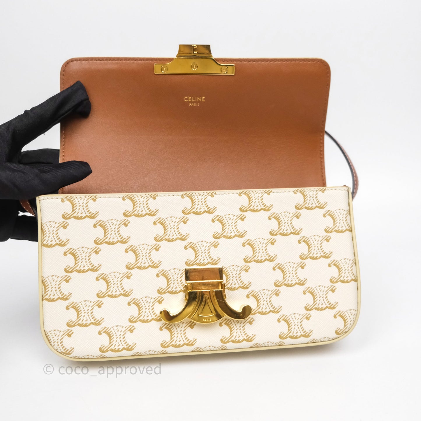 Celine Triomphe Shoulder Bag White Calfskin Triomphe Canvas