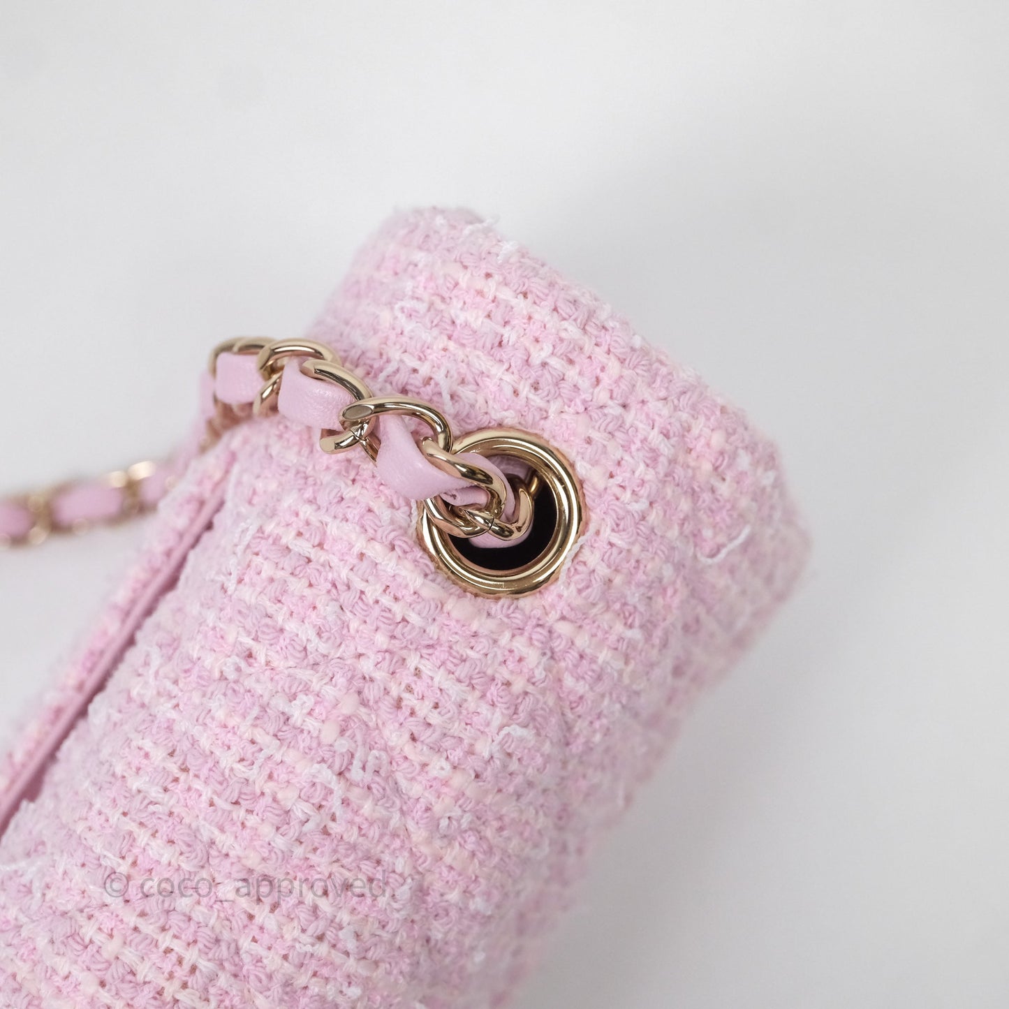 Chanel Classic Mini Rectangular Flap Pink Tweed Gold Hardware
