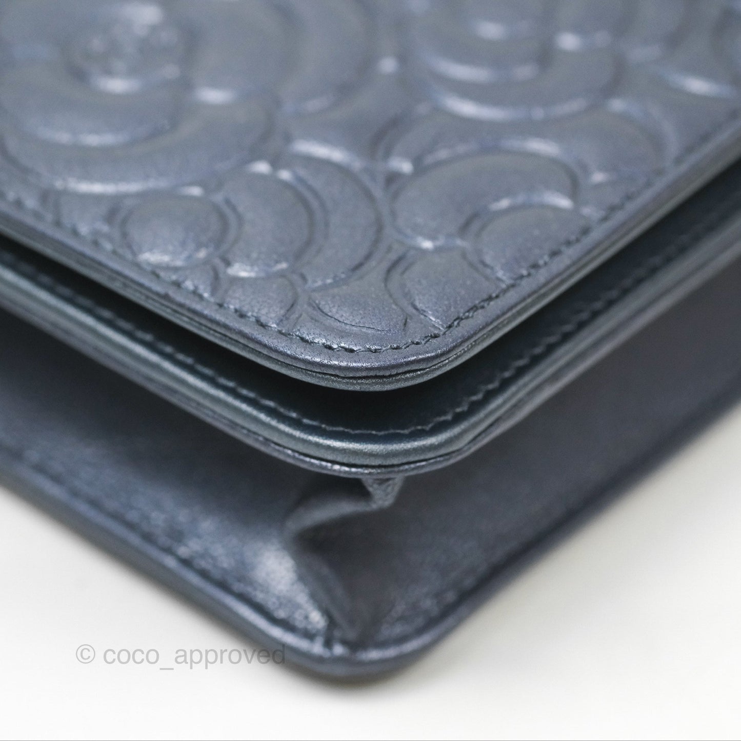 Chanel Camellia Wallet on Chain WOC Iridescent Navy Calfskin Silver Hardware