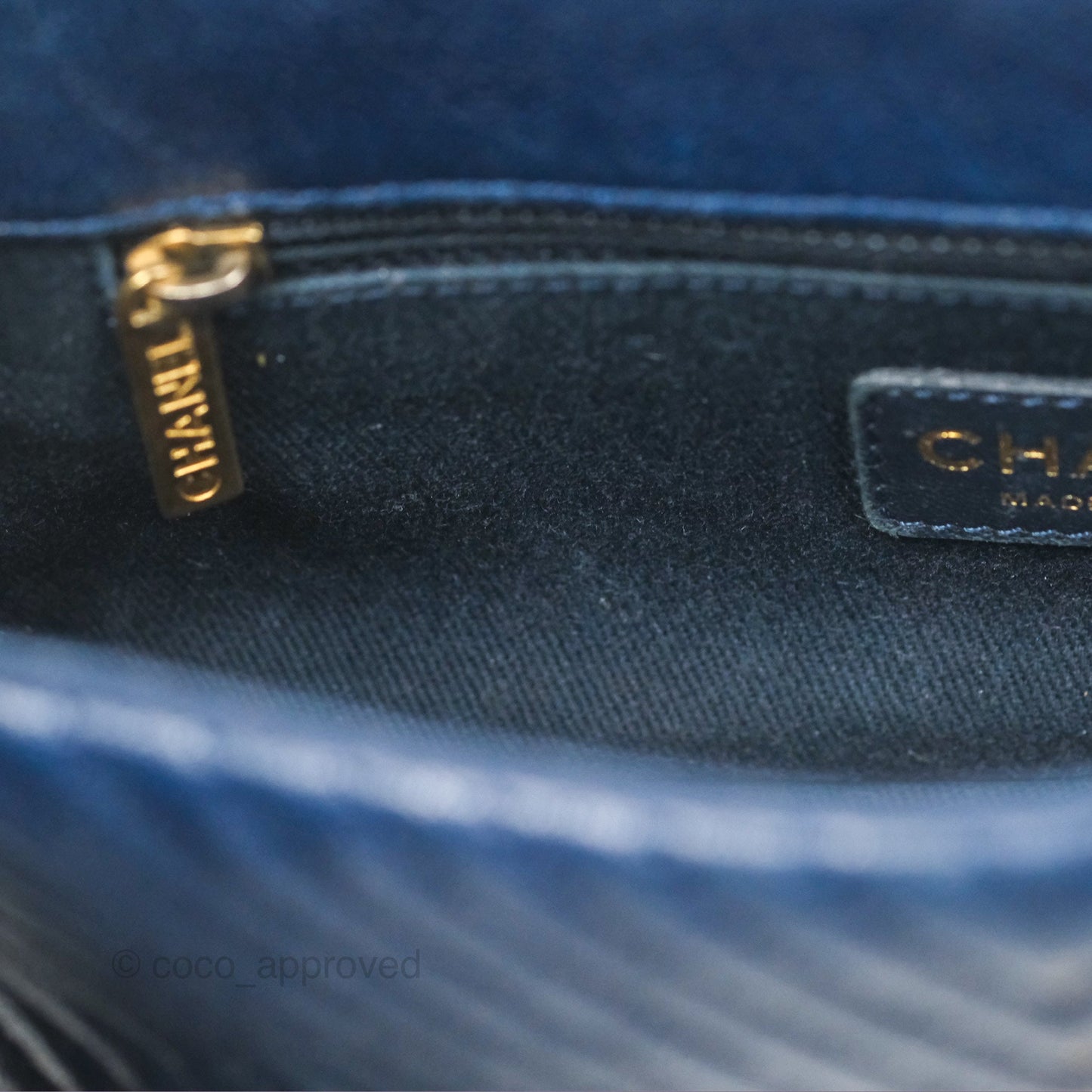 Chanel Small Chevron Surpique Flap Navy Calfskin Aged Gold Hardware