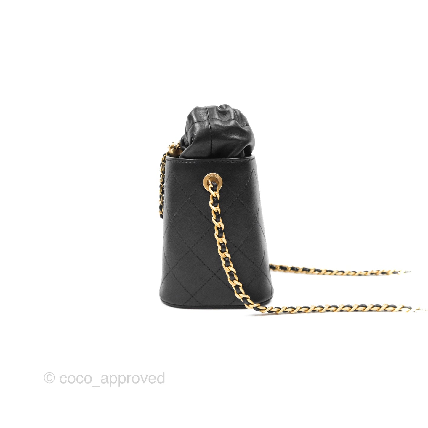 Chanel Drawstring Bucket Bag Quilted Black Caviar Aged Gold Hardware