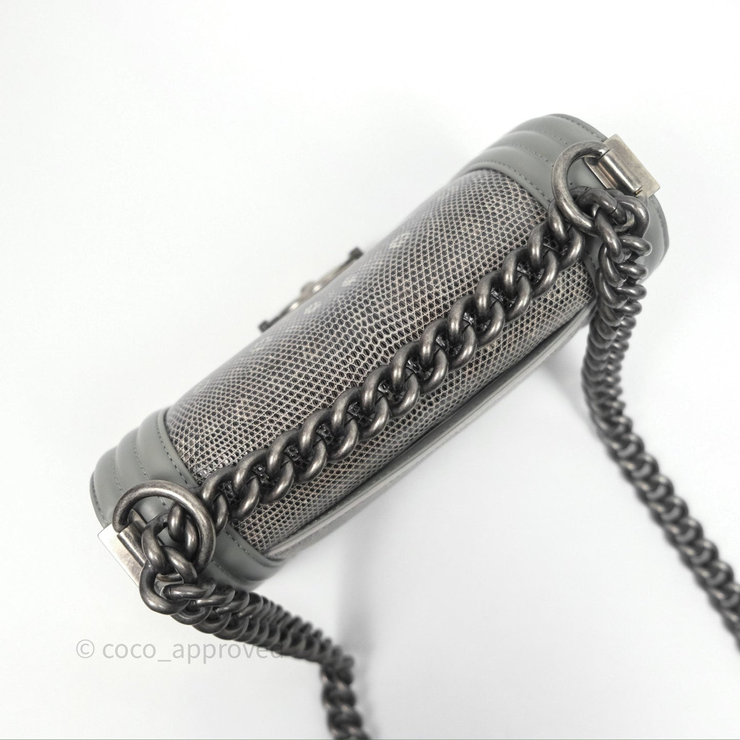 Chanel Small Boy Quilted Bag Grey Lizard Calfskin Ruthenium Hardware