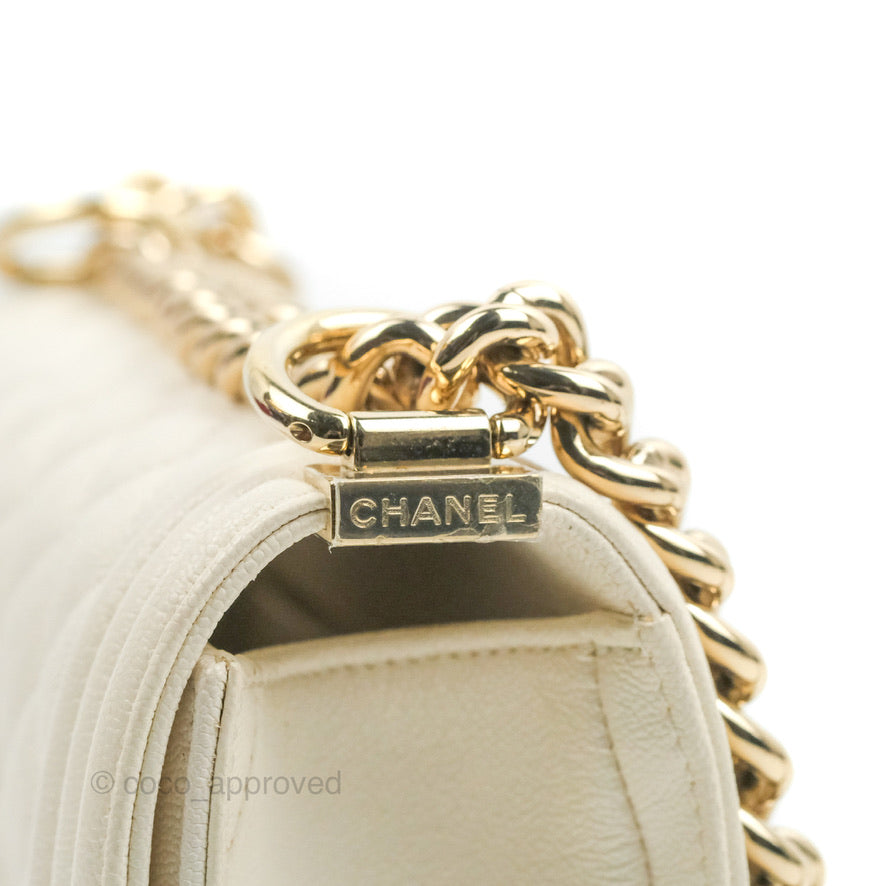 Chanel Small Boy White Caviar Gold Hardware