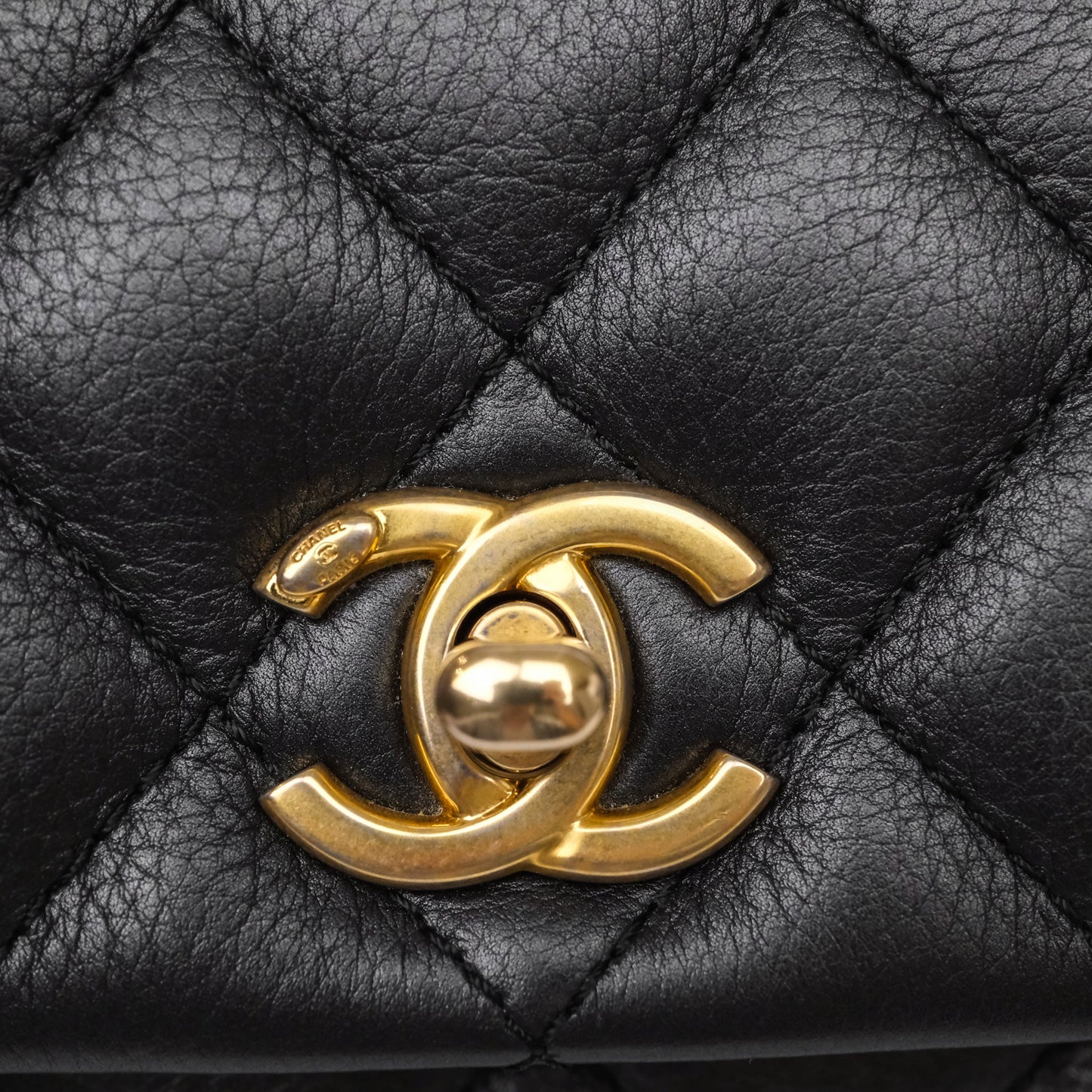 Chanel Quilted Handle Flap Bag Black Calfskin Aged Gold Hardware