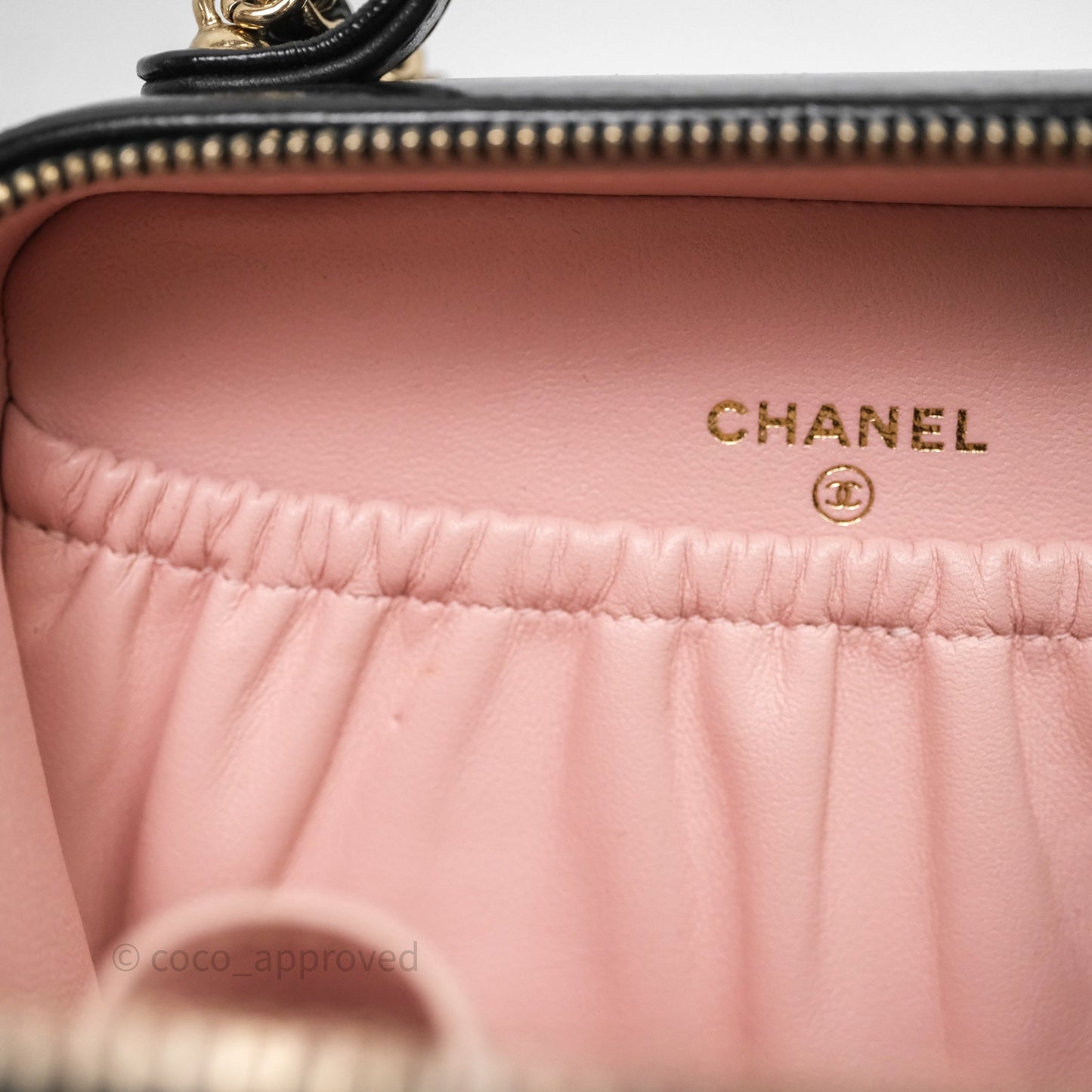 Chanel Small Top Handle Vanity Case Black Shiny Crumpled Calfskin Gold Hardware