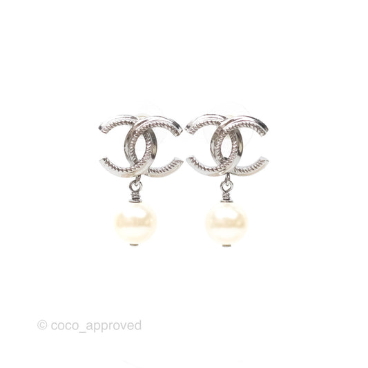 Chanel CC Pearl Drop Earrings Gun Metal 11A