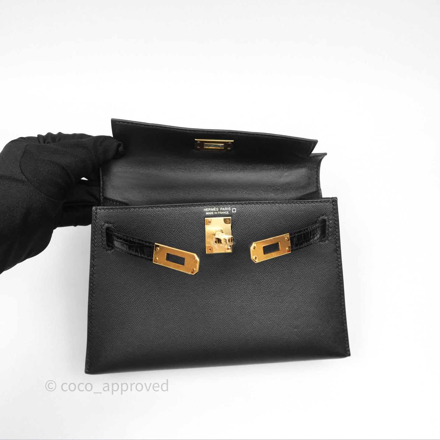 Hermès Mini Kelly II Touch Noir 89 Croc Gold Hardware