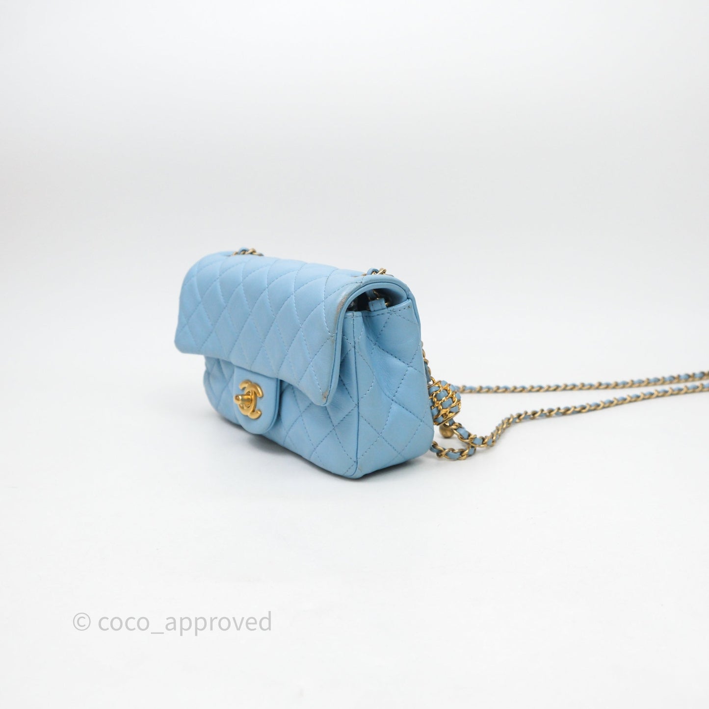 Chanel Mini Rectangular Pearl Crush Quilted Blue Lambskin Aged Gold Hardware