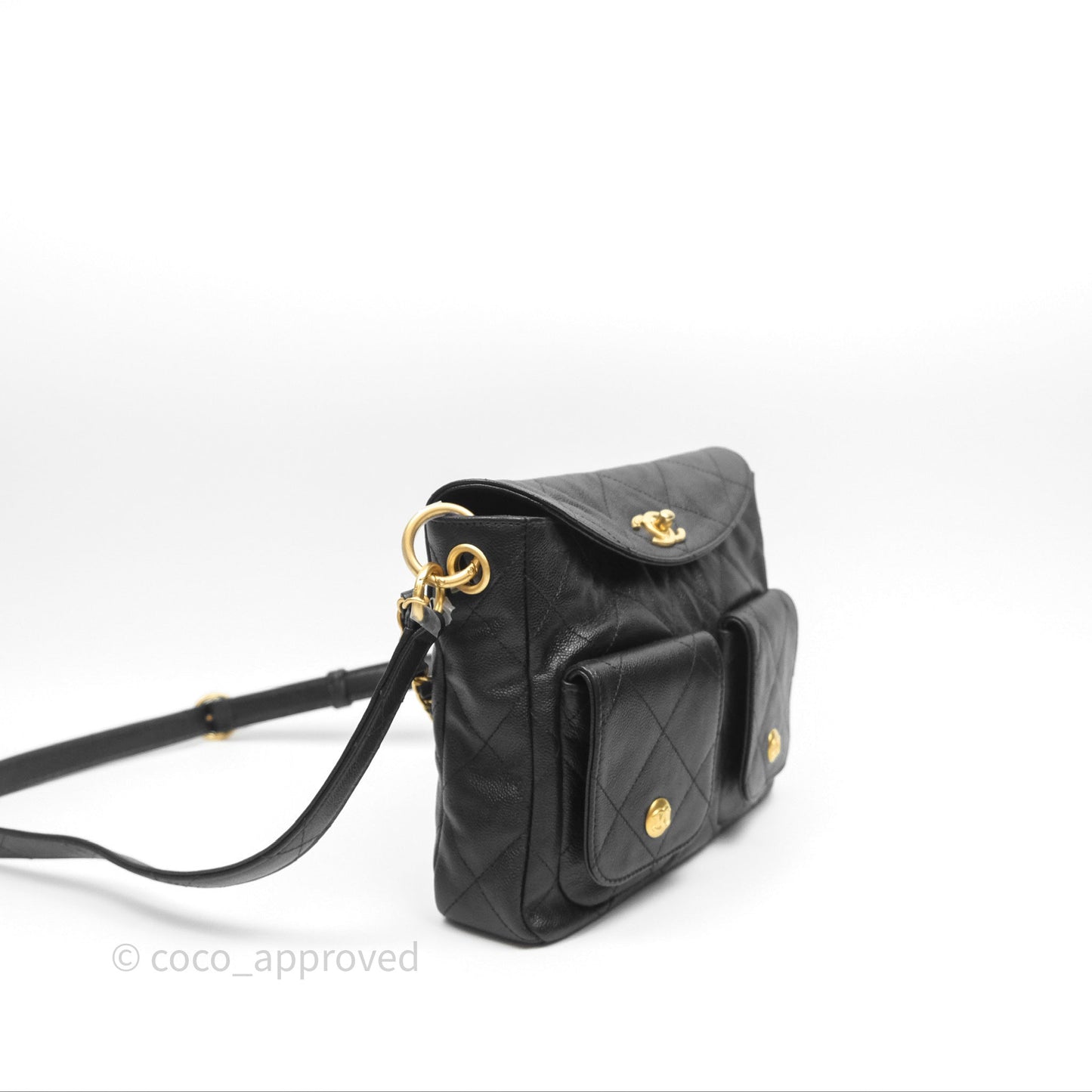 Chanel Double Pocket Hobo Bag Black Caviar Brushed Gold Hardware