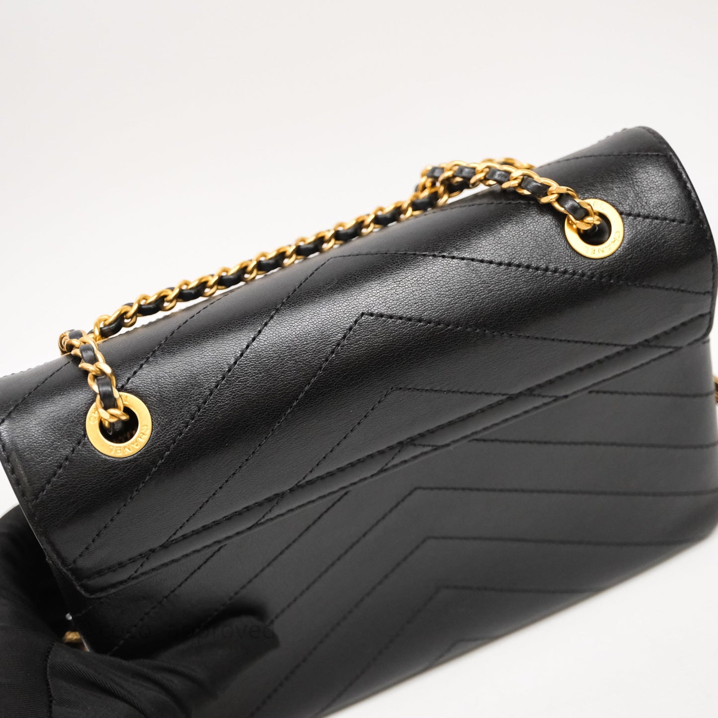 Chanel Chevron Flap Bag Black Calfskin Aged Gold Hardware