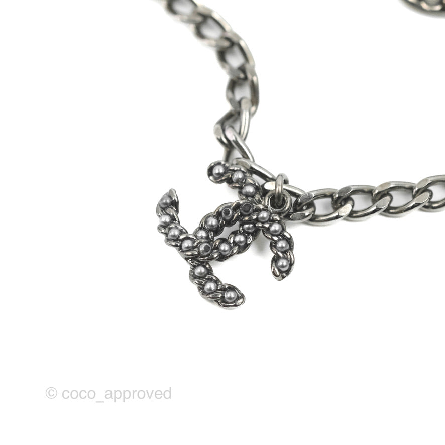 Chanel CC Pearl Bead Multi Strand Bracelet Gun Metal 15P