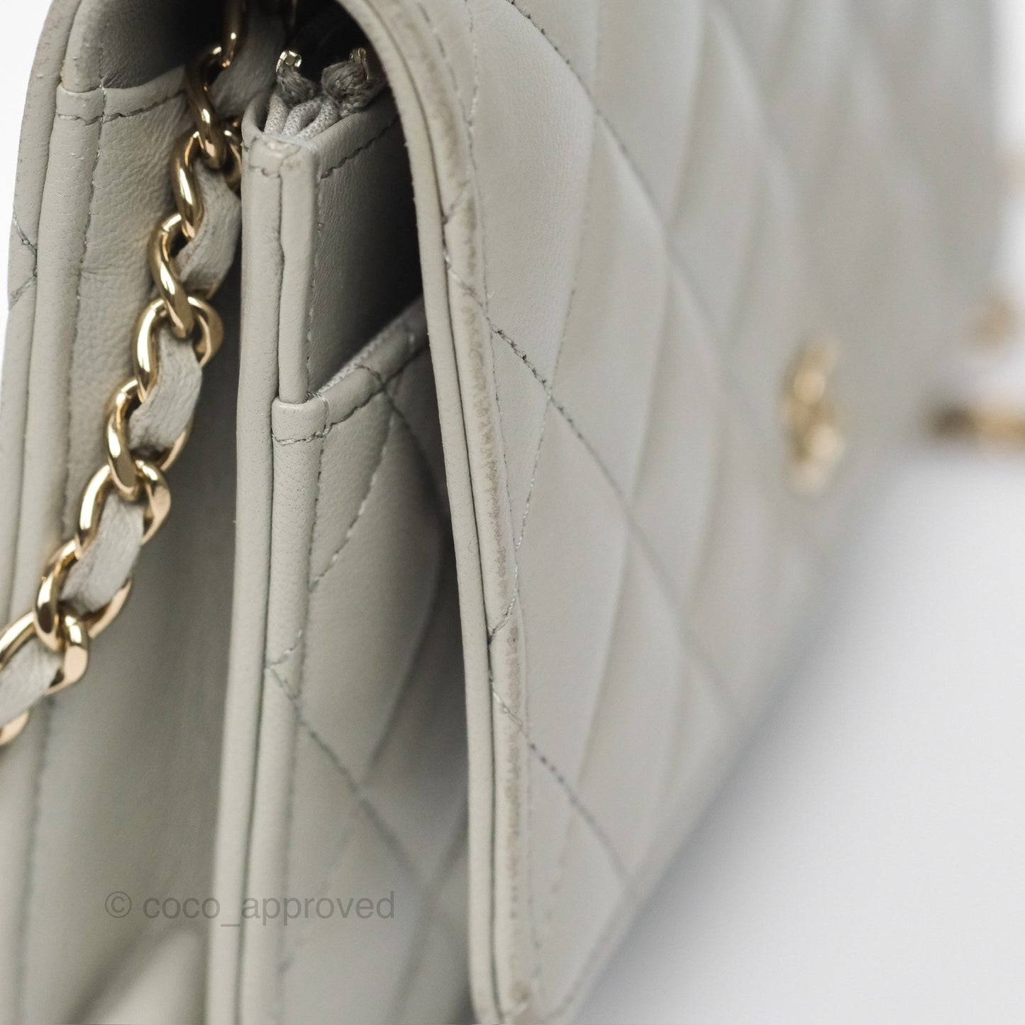 Chanel Classic Quilted Wallet on Chain WOC Light Grey Lambskin Gold Hardware