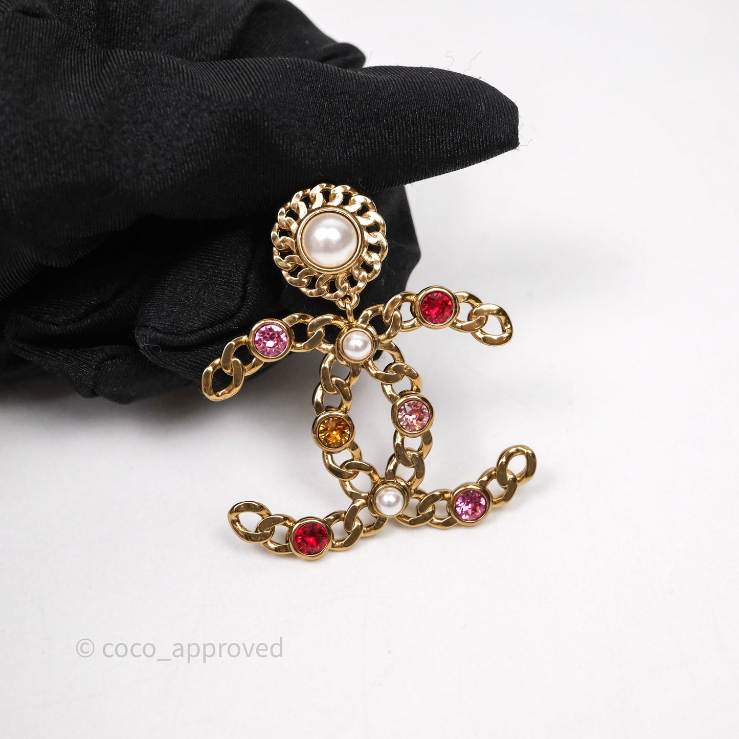 Chanel CC Drop Pearl Crystal Earrings Gold Tone 21P