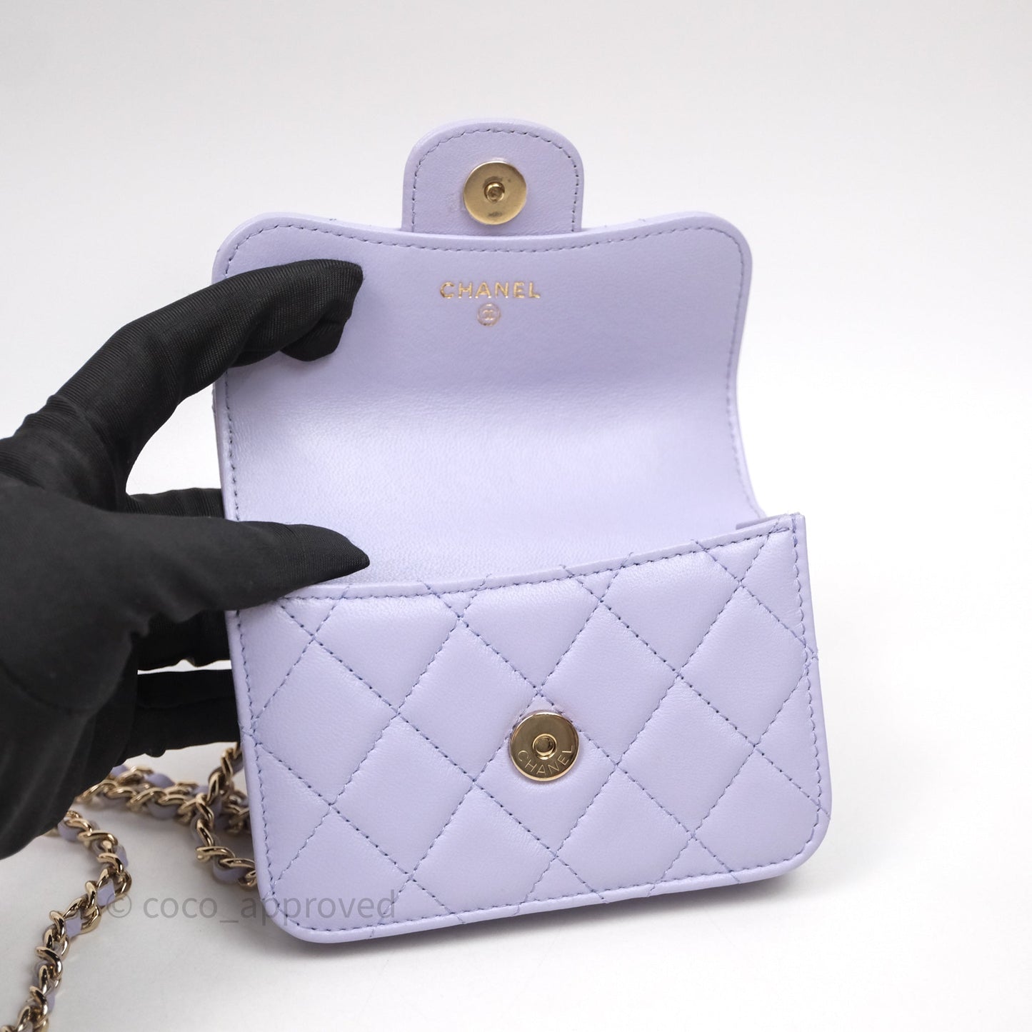 Chanel Mini Handle Flap Coin Purse With Chain Lilac Lambskin Gold Hardware