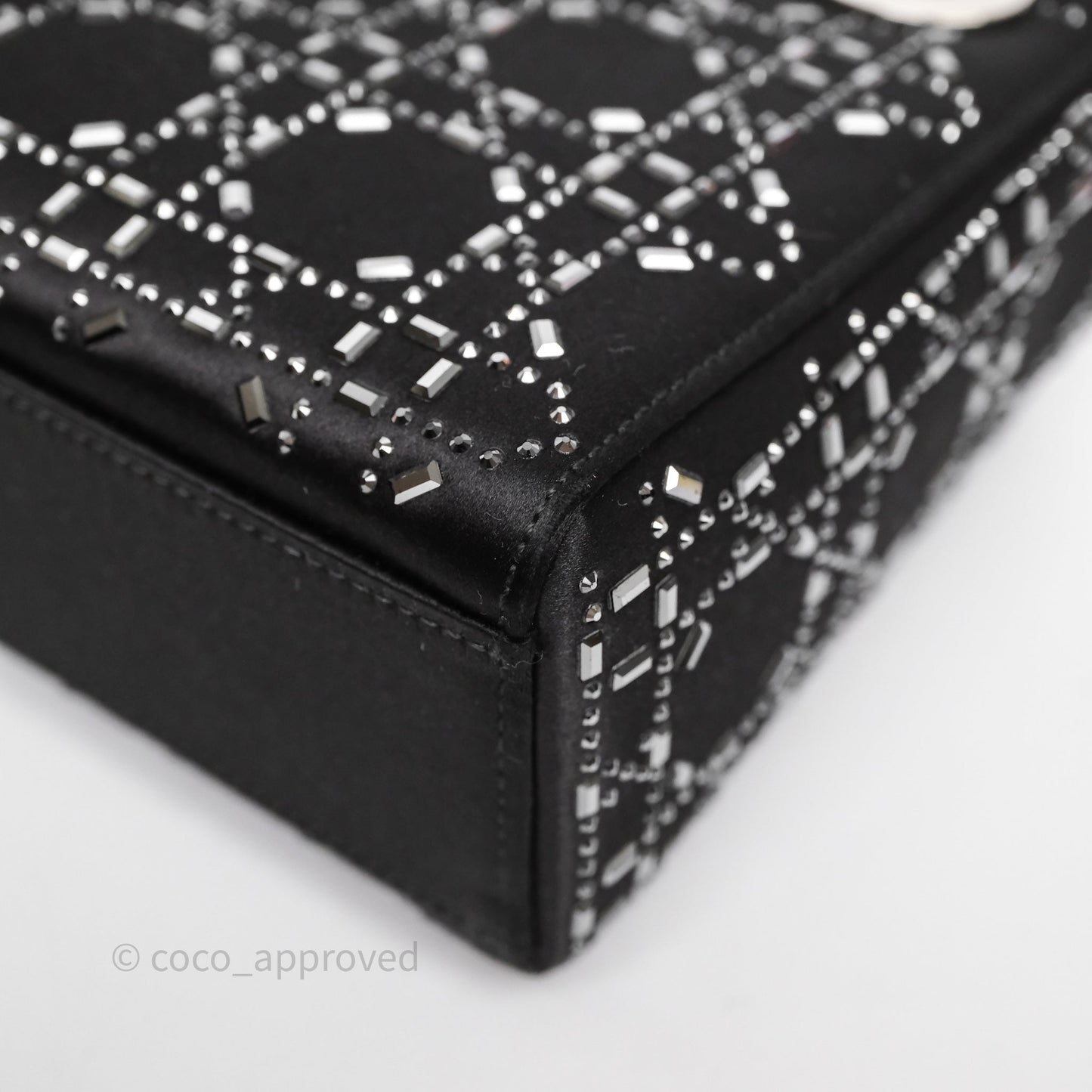 Christian Dior Mini Lady Dior Bag Black Strass Cannage Satin Silver Hardware