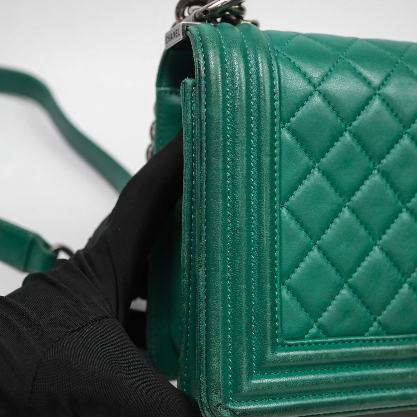 Chanel Medium Boy Quilted Green Lambskin Ruthenium Hardware