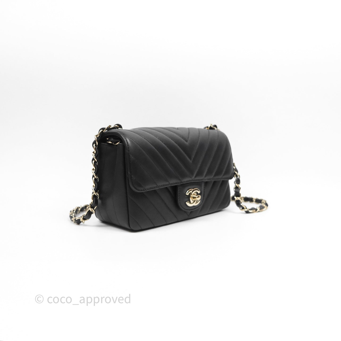 Chanel Quilted Mini Rectangular Chevron Black Lambskin Gold Hardware