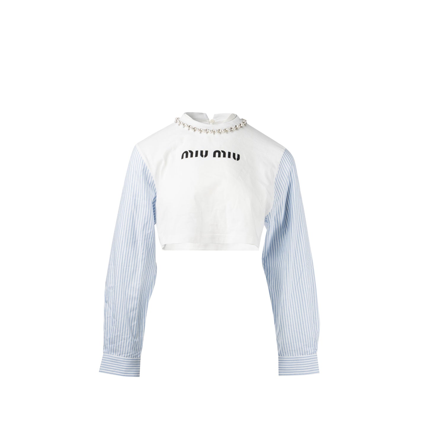 Miu miu size XS long sleeved embroidered cotton tee multicolour white/ light blue