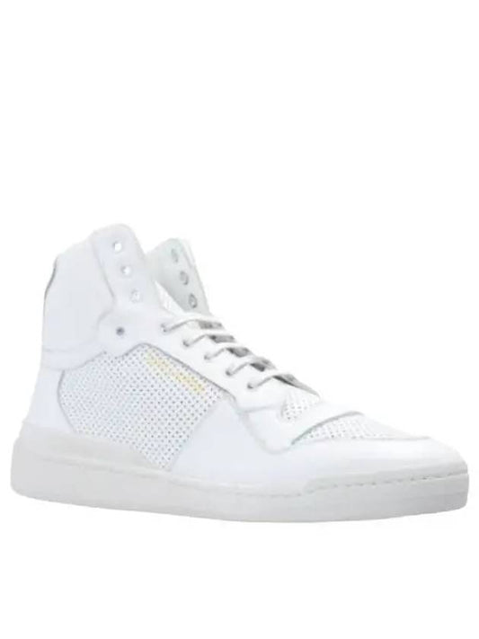 Luxury Saint Laurent Men's SL24 Used-Look Perforated Leather Mid Top Sneakers White