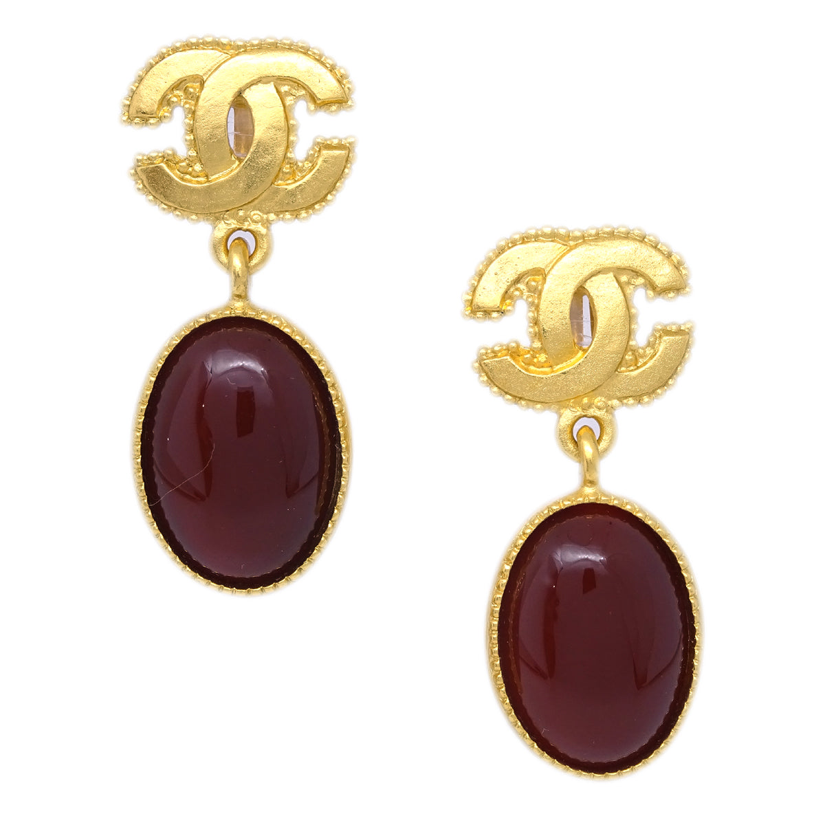Luxury Chanel Stone Dangle Earrings Clip-On Gold 96A