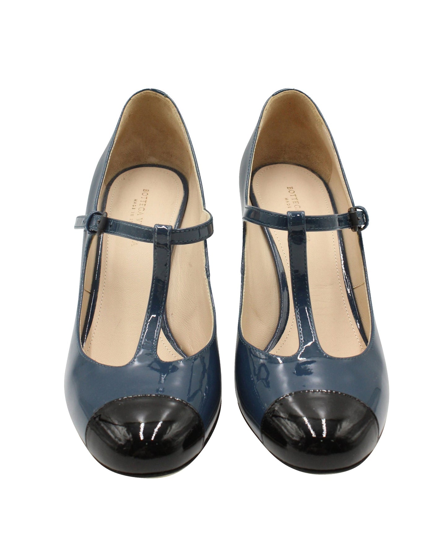 Luxury Bottega Veneta T-Strap Two-Toned Mary Janes in Blue Patent Leather