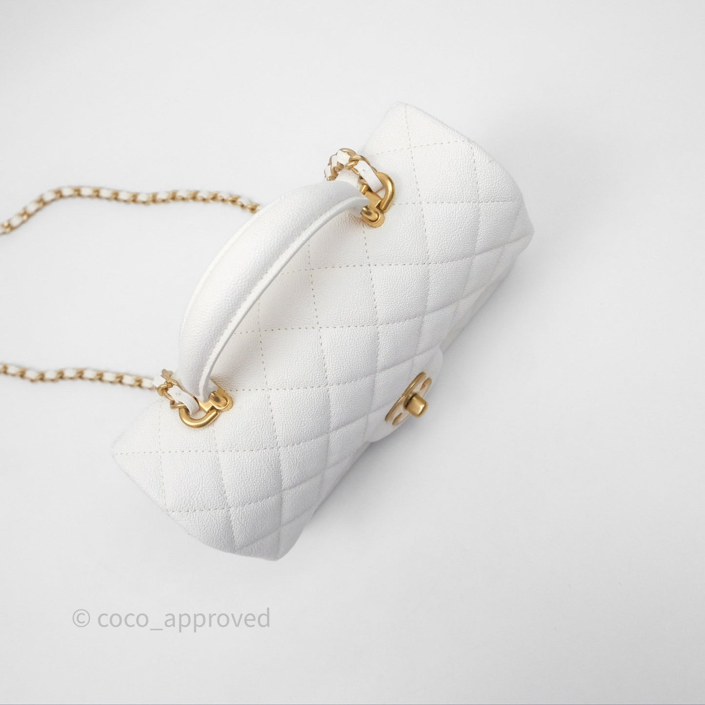 Chanel Top Handle Mini Rectangular Flap Bag Ivory White Caviar Aged Gold Hardware